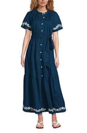Lands End Cotton Voile Button Front Maxi Dress in Baltic Teal Floral Vine at Nordstrom, Size X-Small