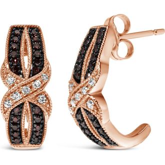 House of Brilliance 10K Rose Gold 1/3 Ct White and Brown Diamond Milgrain Criss Cross J-Hoop Earrings in Pink at Nordstrom