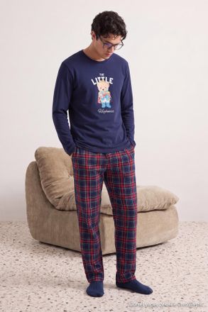 Trendyol MAN Heren Donkerblauw Geruit Lang, Regular fit Pyjama- Sets