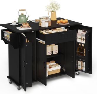 STILVORA Carro De Cocina Con 4 Puertas 1 Caj&oacute;n Y Encimera Plegable, Toalleros Laterales, En Mdf, 120x45(70)x95 Cm, Negro