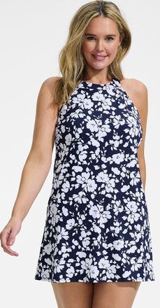Lands End High Neck Swim Dress Swimsuit in Navy Blossom Floral at Nordstrom, Size 24W