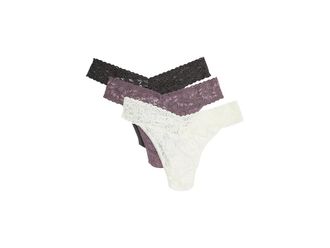 Hanky Panky Signature Lace Low Rise Thong 3-Pack Womens Underwear Marshmallow/Dusk/Granite, Cotton/Lace/Nylon