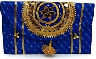 Generic Traditional Embroidered Clutch Bag for Women | Handcrafted Brocade Clutch Purse | Golden Work Ethnic Wedding & Festive Bag | Ideal for Bridal, Haldi, 
