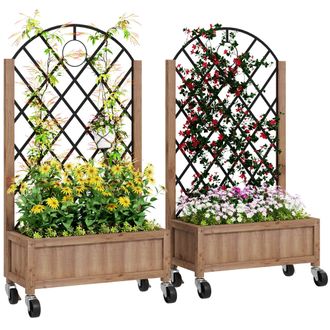 OUTSUNNY Pack of 2 Wooden Raised Bed - Outdoor Planter Box w/ Metal Trellis | TJ Hughes