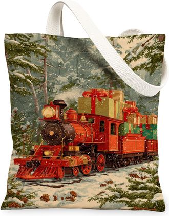 Generic Christmas Train Canvas Tote Bags, Vintage Locomotive Design Reusable Bags, Winter Rustic Lightweight Washable Canvas for Tr, Red, 13x15 Inch