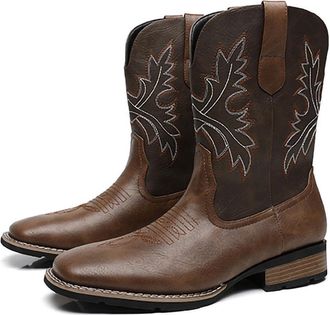 Generic Mens Cowboy Boots Western Pull-On Square Toe Embroidered PU Leather Mid-Calf Boots for Ranch Riding Work & Casual Wear,Brown,10.5 UK