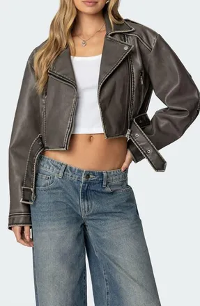 Edikted Washed Faux Leather Moto Jacket in Gray-Washed at Nordstrom, Size X-Small