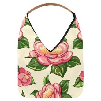 Generic Camellia Print Reusable Lightweight Grocery Bags - Foldable Into Compact Pouch, Washable & Sturdy, Multipurpose for Shopping and Travel