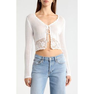 All in Favor Crochet Detail Tie Front Sweater in Ivory at Nordstrom, Size X-Large
