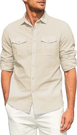 Generic Mens Long Sleeve Classic Woven Shirt - Mens Lightweight Long Sleeve Button Down Linen Shirts - Western Casual Flap Button Pocket Top Slim Fit Long Sle