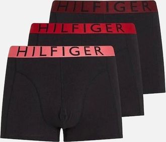 Tommy Hilfiger Mens Tommy Hilfiger 3-Pack Hilfiger Cotton Large Logo Boxer Trunks, Black/Poppy Pink/Medium Red/Deep Rouge - Size: 32/34/35