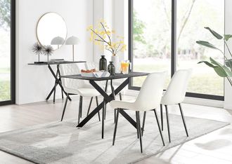 Furniturebox Leonardo Grey Glass Marble Effect Black Leg Table & 4 Pesaro Black Leg Chairs in Cream