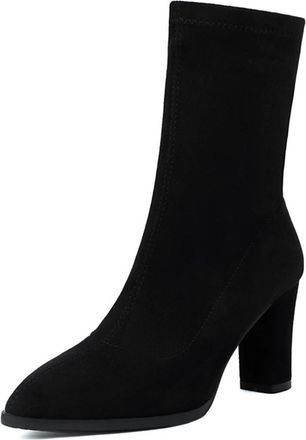 Generic Womens Mid-Calf Ankle Boots Suede-Like Fabric Pointed Toe Block Heels Elastic Cuff Design Stylish Footwear For Daily Wear Evening,Black,4.5 UK