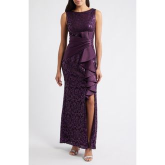 Eliza J Sequin Ruffle Sleeveless Lace Trumpet Gown in Plum at Nordstrom, Size 10