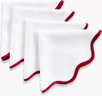 Solino Home Linen Dinner Napkins Set of 4, 20 Inch Round for Dining Table, Holiday and Everyday Table Decor - Giselle Scallop Edge in Red And White
