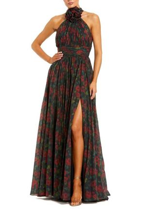 Mac Duggal Womens Floral Chiffon 3D Flower Halter Neck Gown in Black Multi at Nordstrom, Size 12