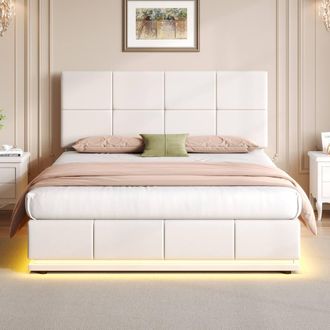 Merax PU Leather Ottoman Double Bed with LED & Square Tufted Headboard in White