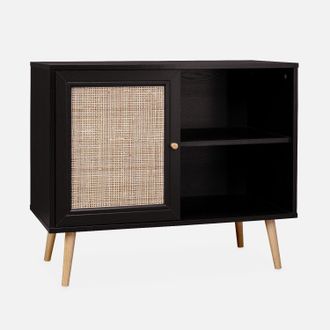 Sweeek Sweeek - Aparador Estilo Escandinavo Con 1 Puerta De Ca&ntilde;a, 80cm, Boheme, Negro, 80x39x65.8 Cm