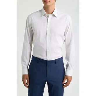 Nordstrom Trim Fit Premium Performance Microcheck Dress Shirt in White Cazale Check at Nordstrom, Size 15.5