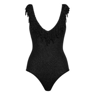 Simona Corsellini One-piece, female, Black, Size: XS Body in maglia con scollo profondo e frangia lurex