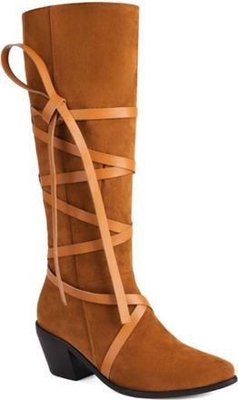 Generic Womens Casual Western Cowgril Knee High Boots Pointed Toe Chunky Heel Lace Up Pull On Winter Dress Shoes (7.5,Yellow)