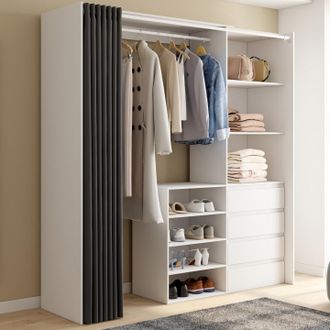 IDMarket Xxl Marty 120/170 X 50 X 180 Cm Armario Blanco Extra&iacute;ble Con 4 Cajones + Estantes + Espacio Para Colgar + Cortina Gris