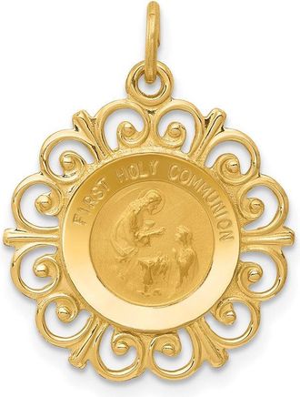 Diamond2Deal 14k Yellow Gold and Satin Solid FIRST HOLY COMMUNION Medal Scalloped Edge Charm Pendant