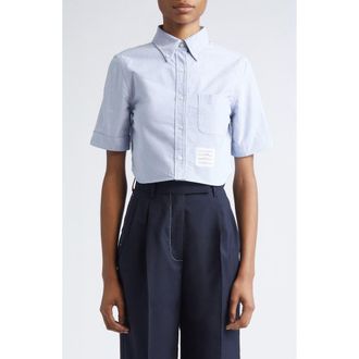 Thom Browne Cotton Oxford Crop Button-Down Shirt in Light Blue at Nordstrom, Size 0 Us