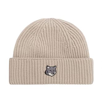 Maison Kitsun&eacute; Fox Head Large Beanie - Heren - Accessoires - Beige - Maat: ONE Size Wol