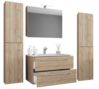 ebuy24 Ebuy24 - Vcm 5pcs Lavabo Lavabo Gabinete Inferior Ancho 60 Cm Muebles De Ba&ntilde;o Con Cajones Puertas Giratorias Armario De Espejo Badinos (sonoma Oak)