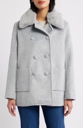 CeCe by Cynthia Steffe Faux Fur Collar Double Breasted Coat in Grey at Nordstrom Rack, Size Large
