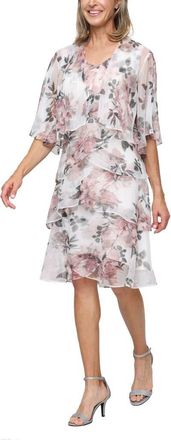 S.L. Fashions Tiered Floral Shimmer Cocktail Dress with Jacket in Blush Multi at Nordstrom, Size 4P