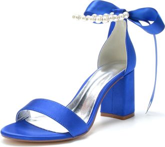 Generic Bridal Shoes Block Heel Wedding High Heels Sandals Open Toe Party Dress Heels Wedding Shoes 8Cm,Blue,10 UK