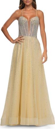 La Femme Prom Gown with Rhinestone Tulle and Illusion Corset Bodice in Pale Yellow at Nordstrom, Size 00