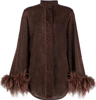 Os&eacute;ree feather-trim detail blouse - women - Polyamide/Feather Down/Metallic Fibre - S/M - Brown
