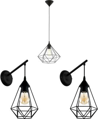 Loops Ceiling Pendant Light & 2x Matching Wall Lights Black Geometric Cage Wire Lamp
