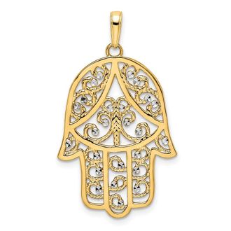 Diamond2Deal 14k Yellow Gold White Rhodium Diamond-Cut Filigree Hamsa Pendant