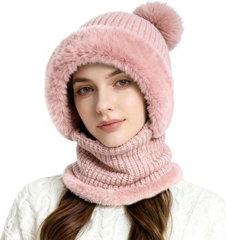 Generic 3 in 1 Beanie Hat for Women All in One Hat and Scarf Winter Warm Knitted Cap with Neck Warmer Balaclava Hats Scarf Mask for Outdoor Skiing Hiking Wint