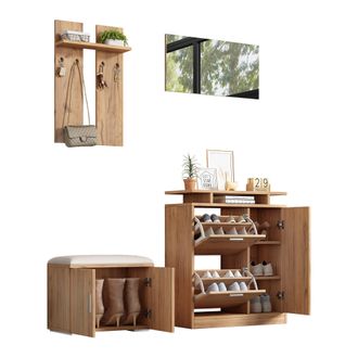 STILVORA Mueble De Entrada Con 5 Puertas, 4 Ganchos, Espejo Y Banco Zapatero Tapizado, En Tablero De Part&iacute;culas, Natural, 140 X 35 X 133 Cm