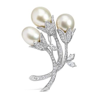 House of Brilliance 18K White Gold 2 1/5 Cttw Diamond and South Sea Pearl Floral Brooch Pin