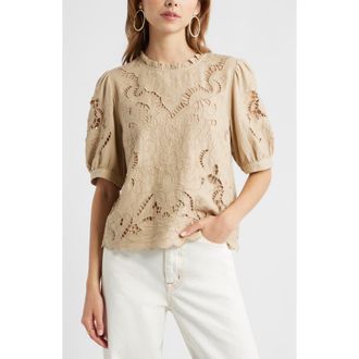Treasure & Bond Embroidered Cutwork Puff Sleeve Linen Blend Top in Beige Humus at Nordstrom, Size Medium