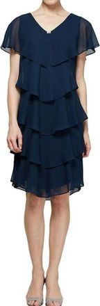 SLNY Georgette Tiered Capelet Dress In Navy