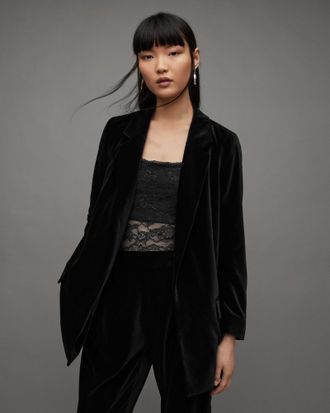 AllSaints Aleida Velvet Open Front Blazer