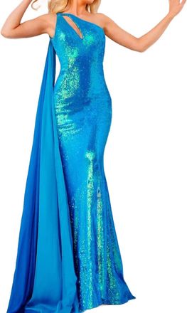 Jovani Sequin One-Shoulder With Cape Gown In Iridescent Royal