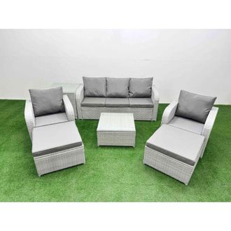 Fimous Pe Rattan Garden Furniture Set Reclining Chair Sofa Lounge Sofa Set Square Coffee Table Side Table 2 Big Footstool Light Grey - Fimous