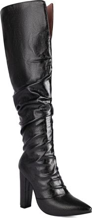 Generic Womens Pull on Slouch Long Boots Pointed Toe PU Leather Over The Knee Boots Chunky High Heel Thigh High Boot,Black,5.5 UK