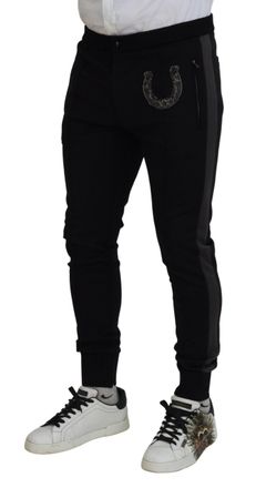 Dolce & Gabbana Mens Virgin Wool Horseshoe-Embroidered Joggers Black Cotton