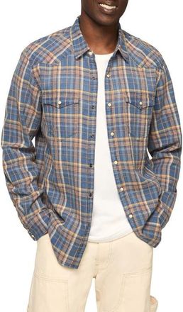Lucky Brand Plaid Cotton Twill Snap-Up Western Shirt in Navy Multi at Nordstrom, Size X-Large