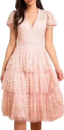 Needle & Thread Layered Lace V-Neck Midi Dress in Dusk Pink/Cream at Nordstrom, Size 10