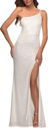La Femme Simple One Shoulder Long Sequin Evening Gown in White at Nordstrom, Size 10